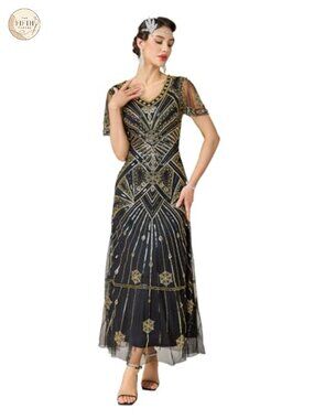 Flapper Dress 1920s V-Neck Sequin Beaded Maxi Evening Gown
